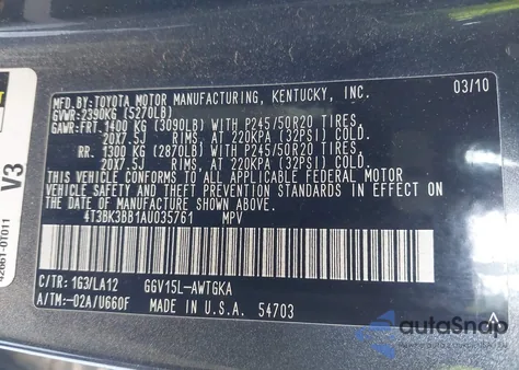 2010 Toyota Venza z USA, uszkodzony, nr VIN 4T3BK3BB1AU035761